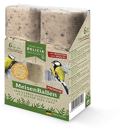 DELICIA® Premium MeisenBallen mit Insekten (6 St. ohne Netz) · Meisenknödel mit Aufhänger · Insektenknödel für Gartenvögel & Wildvögel · Vogelfutter Knödel · Körnerkugel zum Aufhängen