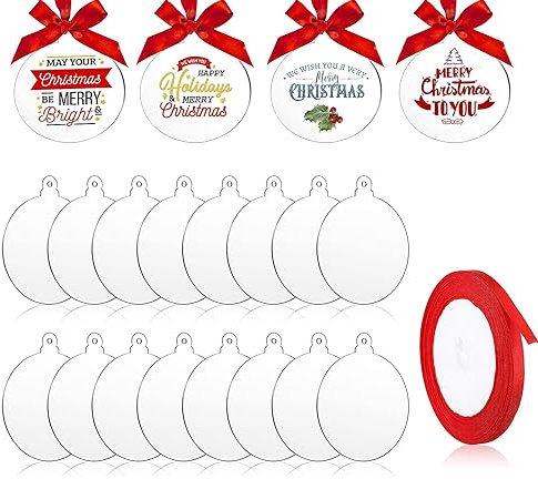 DMJOULI 25 Stück Weihnachtskugeln, transparente Acrylscheiben, 7,6 cm, runde Weihnachtsschmuck mit rotem Band, flache Kugeln zum Basteln, DIY Scheibe dekorieren Weihnachtsbaum Urlaub Party