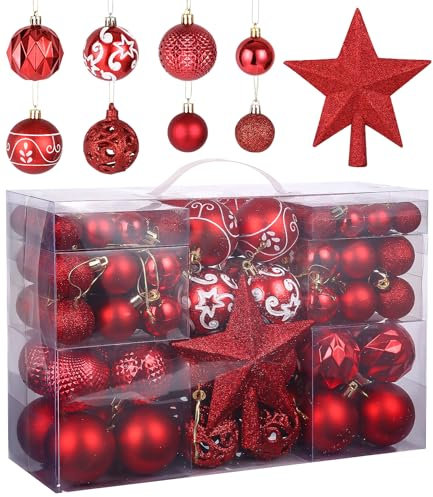 Birshe 101 Stück Weihnachtsbaumkugeln Rot,Birshe Christbaumkugeln Set,Weihnachtskugeln Unzerbrechlich,Plastik mit Baumspitze Rot Glänzend Christbaumkugel Drinnen und Draußen,Hochzeit,Party