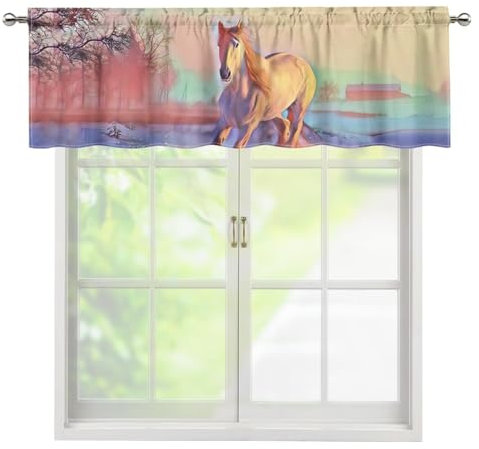 BYCHECAR Vorhang mit Pferdemotiv für Schlafzimmer, Fensterdekoration für Wohnzimmer/Küche, kurze Vorhänge, Stangentaschen, Fensterbehandlung, Jalousien, 137,2 x 45,7 cm, Gelb