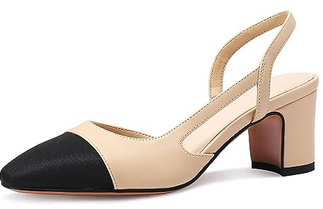 MIRAAZZURRA Womens Slingback Heeled Pumps Closed Round Toe Block Heels Two Toned Casual Chunky Heels Office Shoes Nude Size UK 5.5