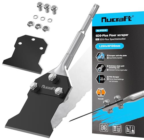 Nucraft Set de burins à mastic SDS-Plus 250 x 100 mm, burin avec lame de rechange et vis, grattoir de sol pour enlever la colle au sol, tapis, linoléum, colle à carrelage, carrelage en PVC, couleur