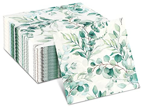 Eucalyptus Leaf Paper Napkins 80 Pack 3-Ply, Green Vintage Guest Towels for Wedding Party, Garden