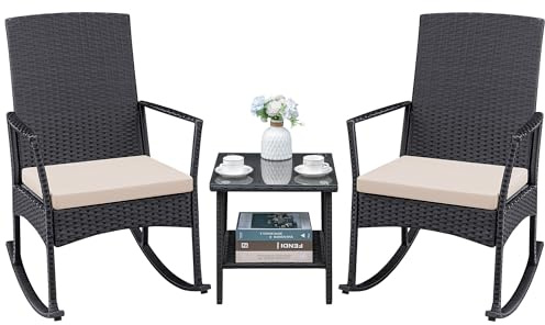 Greesum 3-teiliges Terrassenmöbel-Set für den Außenbereich, Korbschaukelstühle mit Glas-Couchtisch für Garten, Hinterhof, Veranda, Pool, Beige