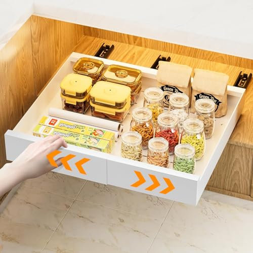 YonGYun Teleskopschublade, Ausziehbare Schublade Küche, Schrank Organizer Ausziehbar Breite 32 cm-50 cm, Slide Out Drawer Mit 3 Leisen Schienen Klebestreifen, Kein Bohren und Nageln Erforderlich