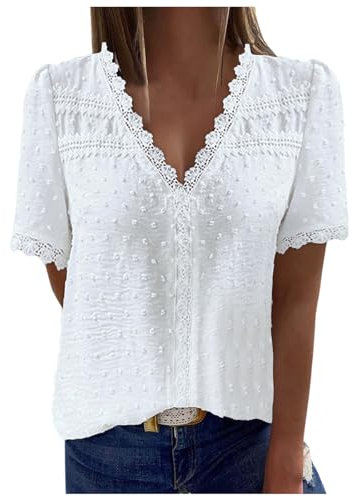 Damen Bluse Boho Spitze T-Shirt - V-Ausschnitt Italienische Mode Tunika, Elegant Frühling Tops Sommer Oberteile mit Lochstickerei Bluse Festliche Blusen Damen Zur Hochzeit WeiB M