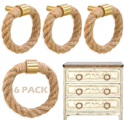 QNNEFF 6PCS Nautical Twisted Jute Rope Drawer Pulls Brushed Brass Dresser Knobs Rustic Hemp Rope Drawer Pulls Antique Handles Cabinet Hardware Cupboard Wardrobe Door Furniture Knobs