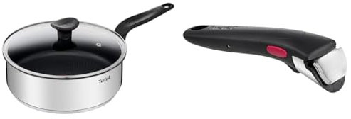 Tefal Primary sauteuse 24cm + couvercle verre, Garantie 10 ans, Acier inoxydable de première qualité & Ingenio Poignée amovible noire, Empilable, Verrouillage sécurité 3 points