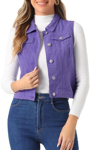 Allegra K Damen Ärmellos Jeansweste Knopfleiste Denim Jacke Weste mit Taschen Causal Jeans Vest