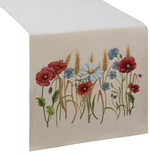 Eurofirany 1306/NAT Läufer Tischtuch Tischdecke Tischläufer 45x140 cm rechteckig Feldblumen Gobelin Dekoration Landhaus Retro Deko Tischwäsche Tafeldecke