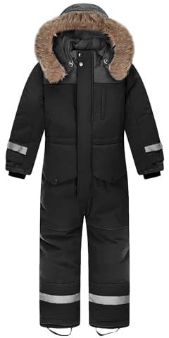 L SERVER Kinder Skianzug Jungen mit Kapuze Winddichte Wasserdichte Schneeoverall Mädchen Warmer Schneeanzug Dickere Skioverall mit Reflektierenden Streifen, Schwarz, 134-140