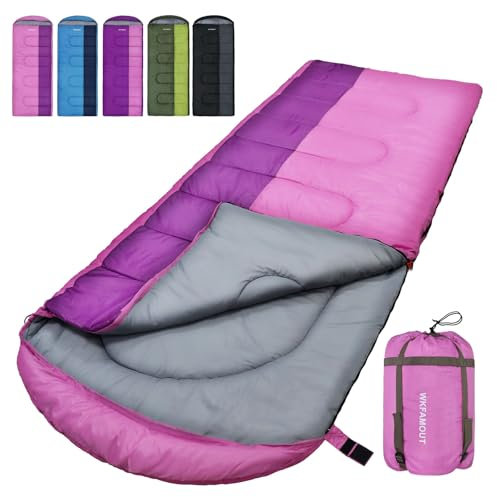 WKFAMOUT XL Schlafsack Outdoor 10℃ Deckenschlafsack für Erwachsene Maschinenwaschbar Schlafsäcke 3–4 Jahreszeiten mit Kompressionssack Camping Wandern 220x85CM Rosa