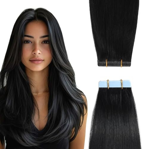 YILITE Invisible Tape Extensions Echthaar,Jet Black 40cm 20 Stück 40g Gerade Remy Echte Menschliches Haar Tape in Seidig Haarverlängerungen (40cm #1 Jet Black)