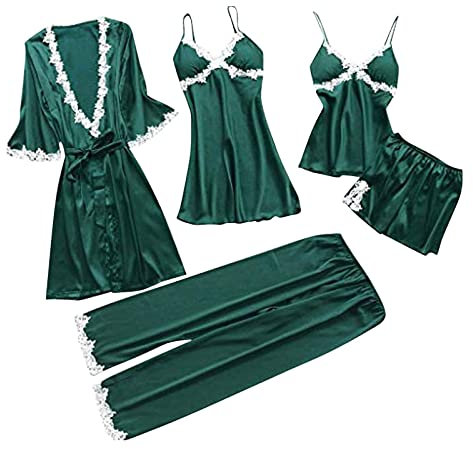 Pigiama con Bottoni Donna Donne Lingerie Robes Set Pizzo Collo Deep-V 5 Pezzi Sexy Giarrettiera Body Donna Sleepwear Tuta Intera Donna Pigiama Pyjama Donna Lovable (Green, XL)