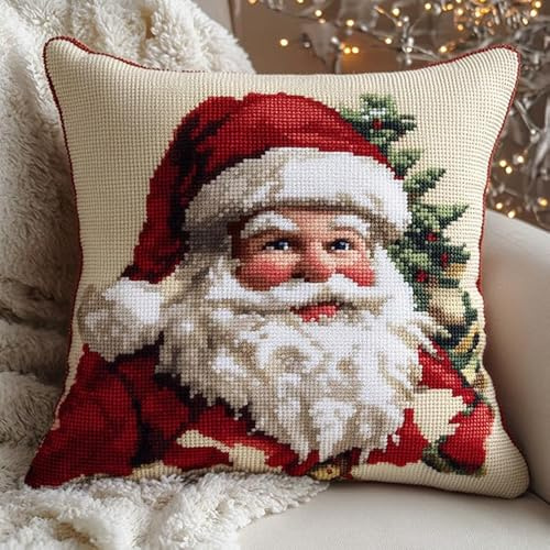 WallustrioaW Weihnachten Knüpfkissen-Set,süßer Weihnachtsmann,für Kinder oder Anfänger Erwachsene zum Selber Knüpfen,DIY Knüpfteppich Knüpfpackung,Knüpfhaken Set,43x43cm