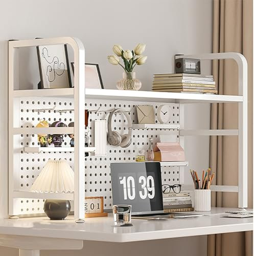 Desktop Bookshelf Countertop Hutch Display Shelf Metal Computer Desk Organiser Shelf with Perforated Board - Ideal for Office and Home Organization!