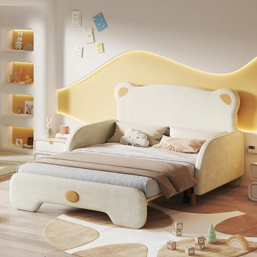 Moimhear Doppelbett in Bärenform, Polsterbett, Kinderbett, Tagesbett, Ausziehbett, mit weichen Schutzkanten, mit Holzlatten, Samt, Beige (140x105cm&140x200cm)