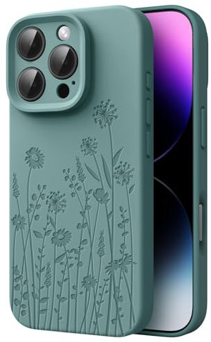 FEWGEY Liquid Silicone Case for iPhone 16 Pro Compatible with Magsafe, Fall Engraved Floral Design Shock Proof Heavy-Duty Protection Hard Phone Case for Women Girls, Midnight Green
