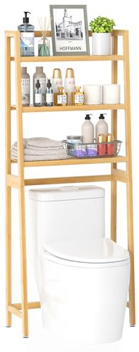 VASMIA Étagère WC en Bambou, Rangement au-Dessus des Toilettes, 3 Niveaux, avec Étagère Réglable, Convient à la Plupart des Toilettes, Gain de Place, Montage Facile,Beige Naturel