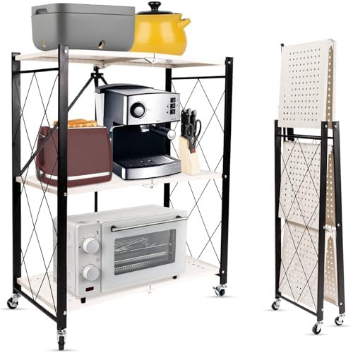 Premium Estantería plegable de 3 estantes con ruedas – Organizador instantáneo – No requiere montaje – Estantería de metal resistente para el hogar – Diseño plegable para salón y cocina