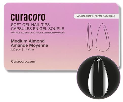 Curacoro Natural Nail Soft Gel Tips - 420Pcs Nail Extension Tip, 14 Sizes Clear Full Cover Acrylic Gel Tip, Long-Lasting Salon Quality, Easy to Wear & Natural Look (Almond, Medium)