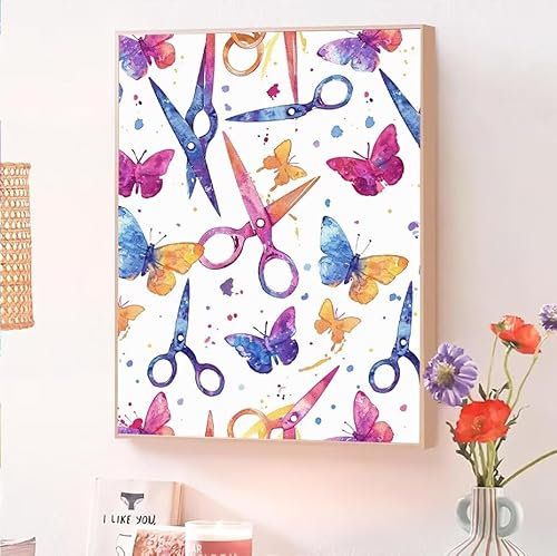 Malen Nach Zahlen Erwachsene Schere, Malen Nach Zahlen Schmetterling, Kreativ Set für Erwachsene Frauen mit Pinseln und Acrylfarben Handgemalt Ölgemälde Leinwand für Home Wand Dekor 20x30cm O-394