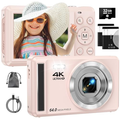 Digital Camera 4K 64MP Digital Camera with 32G SD Card Autofocus Vlogging Camera with Two 1200 mAh Batteries for Photography 16X Digital Zoom Mini Compact Camera for Kids Teenagers Beginners Adults