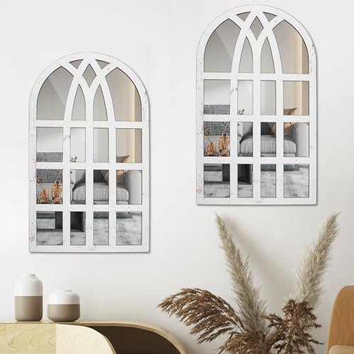 2 espejos de ventana arqueados, espejos retrovisores de pared para interior/exterior, jardín, hogar, calcomanía, acrílico, rectangular, espejo de ventana, espejos de entrada de granja, 44 x 22 cm