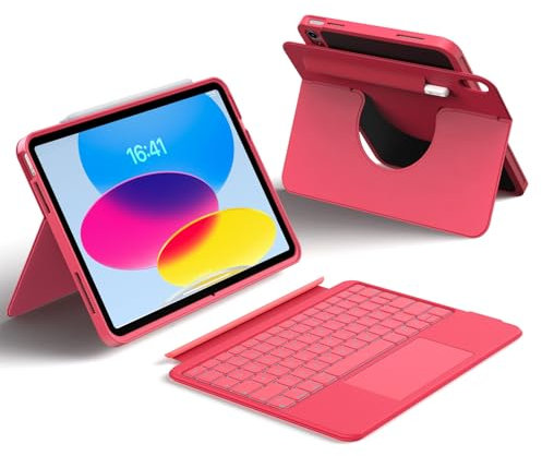 HOU Funda para iPad A16 11.ª/10.ª Generación con Teclado, Teclado Rotable y Desmontable para iPad 11/10, Portabolsígrafo Elástico, Cubierta de Protección Completa, Retroiluminación, Trackpad