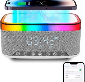Radio Alarm Clock Bedside, Atmosphere Digital Alarm Clocks with 15W Wireless Charger, 5.3 Bluetooth Speaker, Fast Qi Wireless Charger, FM Radio, USB Charging Port, Table Lamp for Bedroom, Des