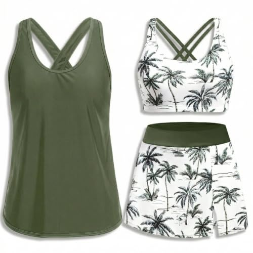 Daci Womens 3 Piece Tankini Swimsuits with Skirt Tummy Control Bathing Suit | Versatile Three Piece, Tank Top, Sport Bra and High Waisted Skirt, Removable Pads, Built in Shorts with Two Side Pockets