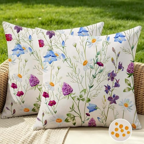 Cozslum Outdoor Kissen Kissenbezug 40x40 Wasserfest Kissenhülle Frühling Sommer Blume Lila Blau Botanische Sofakissen Dekokissen Dekorative Kissenbezüge Zierkissenbezug für Sofa Couch Garten 2er Set