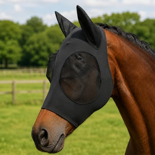 Horse Fly Mask with Ears, Universal Size Breathable Mesh, Black