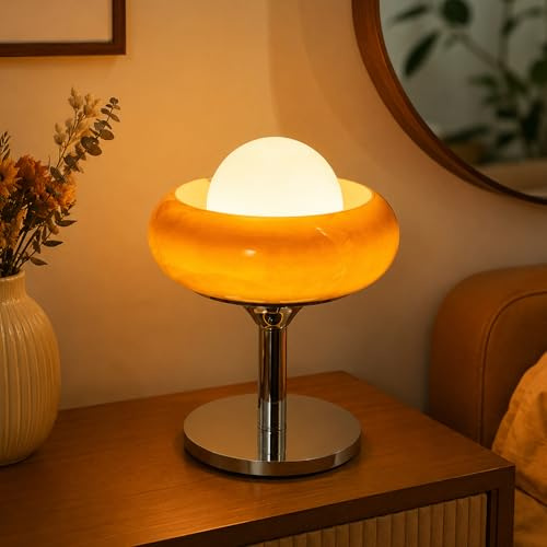 KlkrzJwy Lámpara De Mesa Seta De Cristal Naranja, Estilo Mid-Century Modern, Tipo «Egg Tart», Para Mesita De Noche O Escritorio, Regulador De Intensidad 3 Colores, Metal Cromado (Incluye Bombilla)