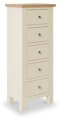 RoselandFurniture Farro Cream 5 Drawer Tallboy for Bedroom | Fully Assembled, Slim Wooden Storage with Oak Top, Painted Finish, Contemporary Style, H115cm W45cm D32cm