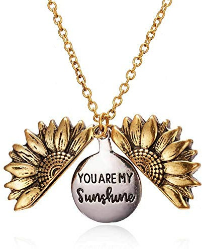 You Are My Sunshine Necklaces For Women/Mom/Daughter, Fashion Jewelry Open Locket Sunflower Pendant Engraved Necklace (Gold)