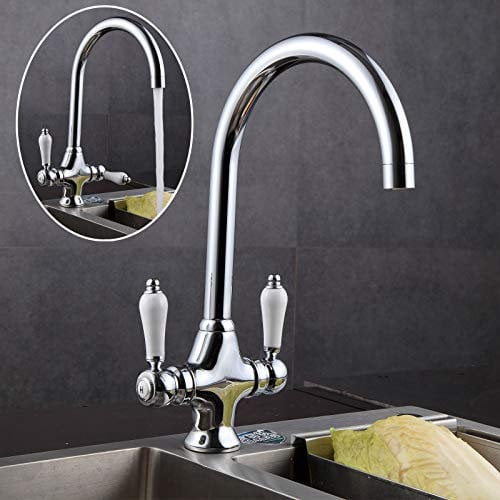 Chrome Kitchen Mixer Taps Double White Ceramic Handles and 360 Degree Swivel Spout Easy to Operate Solid Brass Monobloc Kitchen Sink Tap, 2 Hot & Cold Flexible Hoses Easy to Install