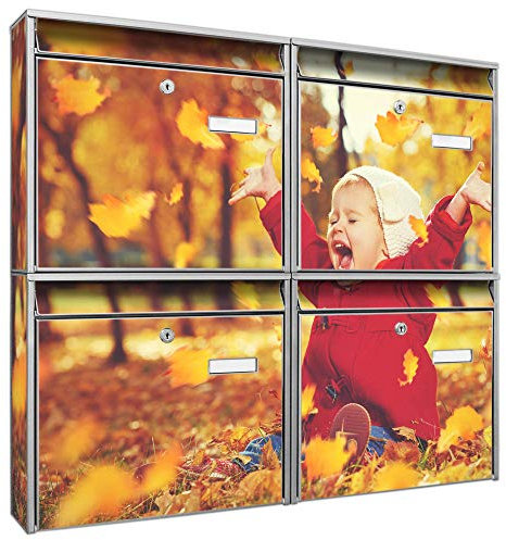 Briefkastenanlage 4 Fach | Postkästen 72x64x10cm groß | verzinkter Stahl schwarz DIN A4 Motiv Herbstfreude | Briefkasten Set 4 Briefkästen Namensschild, 2 Schlüssel, Montagematerial