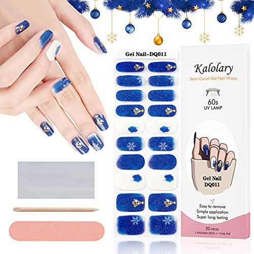 Kalolary Lot de 20 bandes de vernis à ongles en gel avec motif flocon de neige et paillettes avec lime à ongles et bâton (lampe UV/LED requise)