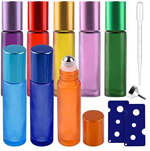QUACOWW Ätherische Öle Roller Flaschen, Roll On Flasche Leer Set 10ml zum Aufbewahren von ätherischen Ölen, Lotionen, Parfums und Anderen Flüssigkeiten 8 Stück(Trichter, Öffner, Tropfer)