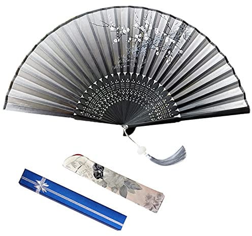 VEGCOO Hand Folding Fan, Silk Fabric Fan Handheld Folding Fan With Lotus Pendent/Silk Fan Bag/Fan Gift Box,Hand Fan for Party Gift Wedding Decoration(Grey)