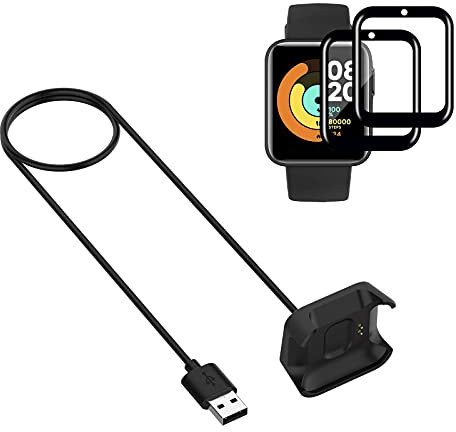 Cargador Compatible con Xiaomi Mi Watch Lite Cargador + 2 Unidades Protector De Pantalla, Cable de Carga de Repuesto Base de Carga USB Cargador(Negro 3,3ft 100cm)