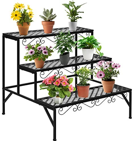 RELAX4LIFE Escalera para Flores de 3 Niveles de Metal, Soporte para Flores con Pies Antideslizantes, Estantería de Almacenamiento para Balcón, Terraza, Jardín, Salón, 70x60x60,5cm, Negro