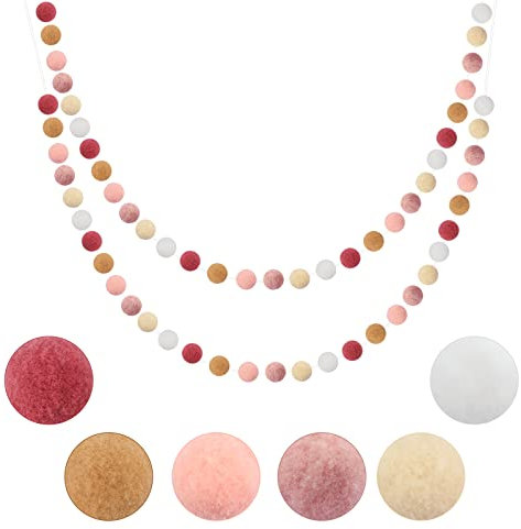 G2PLUS 2PCS Colored Felt Ball Pom Pom Garland, 60 Balls, Pink and White Nursery Decor, Hanging Decoration for Christmas Party Nursery Room