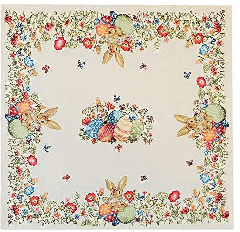 matches21 HOME & HOBBY Tischdecke CLEA 85 x 85 cm edle Gobelin-Osterdecke mit Hasen & Eiern Stickerei auf Polyester