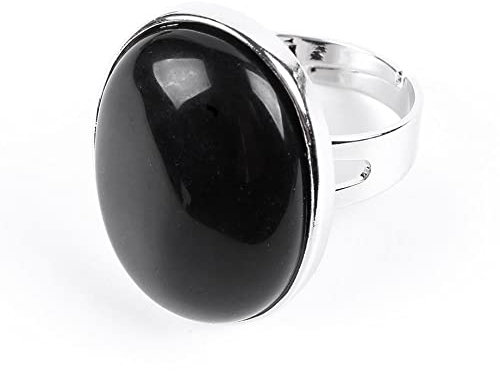 WLLDDDIU Natürlicher Schwarzer Obsidian-Kristallring Ovaler Großer Ring Verstellbarer Offener Ring Für Frauen Reiki-Balance-Steinringe Knöchel-Finger-Ringe Ewigkeitsring Für Frauen, Mädchen, M