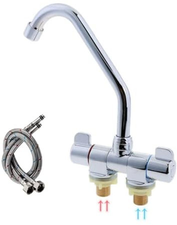 Robinet pliable pour camping-car - Robinet d'eau froide et chaude à 360 degrés - Robinet d'évier de cuisine haut de gamme - Bec col de cygne - Double bouton - Poignées en laiton et chrome poli G1/2