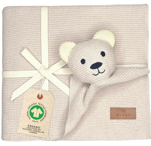 DIKOS Original Babydecke SCHMUSE-Bär (Naturbeige) – Premium 2-in-1 Neugeborenen Kuscheldecke & Schmusetuch – aus weicher gestrickter Bio-Baumwolle (GOTS/Oeko-TEX) – schönes Babygeschenk zur Geburt