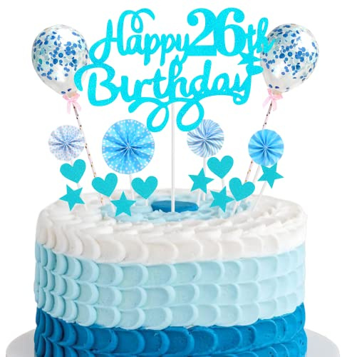 Tortendeko 26. Geburtstag - Kuchen Topper Happy Birthday Deko für Mann und Frau - Kuchendeko Blau