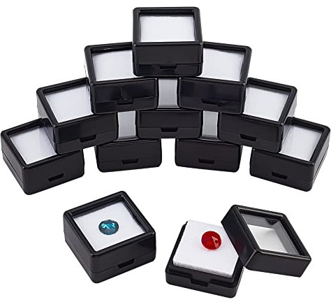 nbeads 12 Pcs Boîte de Présentation de Pierres Précieuses, 3x5x1.65 cm Boîte de Rangement Carrée Noir pour Bijoux avec Couvercles en Verre Transparent et Éponge Blanche pour Pièces de Monnaie Pierre